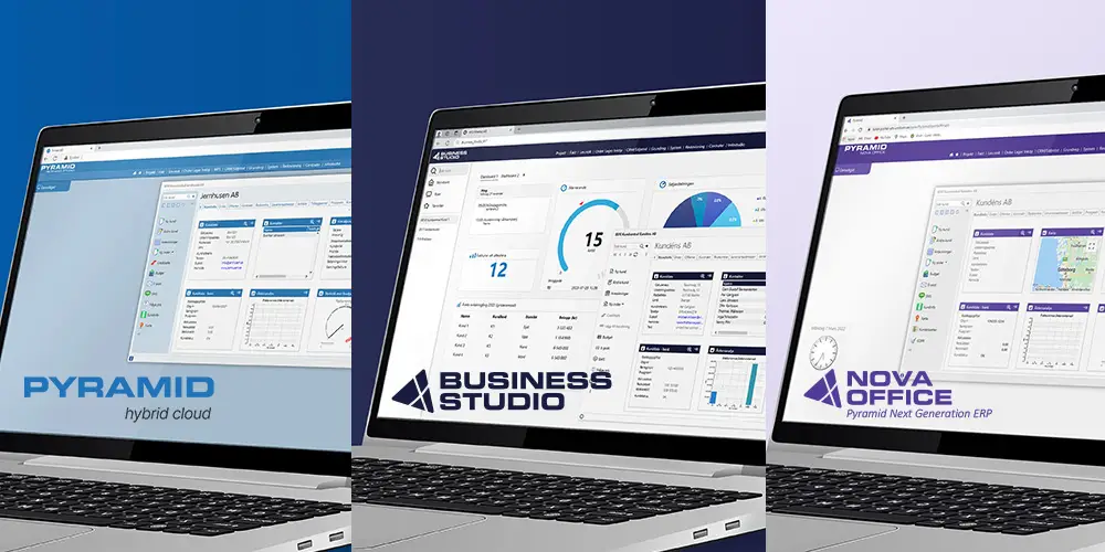 Illustration med tre laptops som visra tre olika utgåvor av affärssystemet från Vitec Pyramid ERP